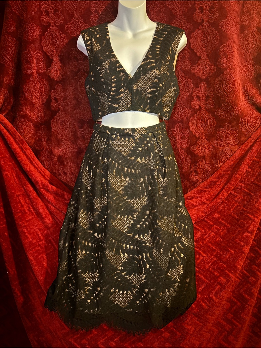 BCBGMaxAzria Black Lace Two-Piece Skirt Set with Nude Underlay